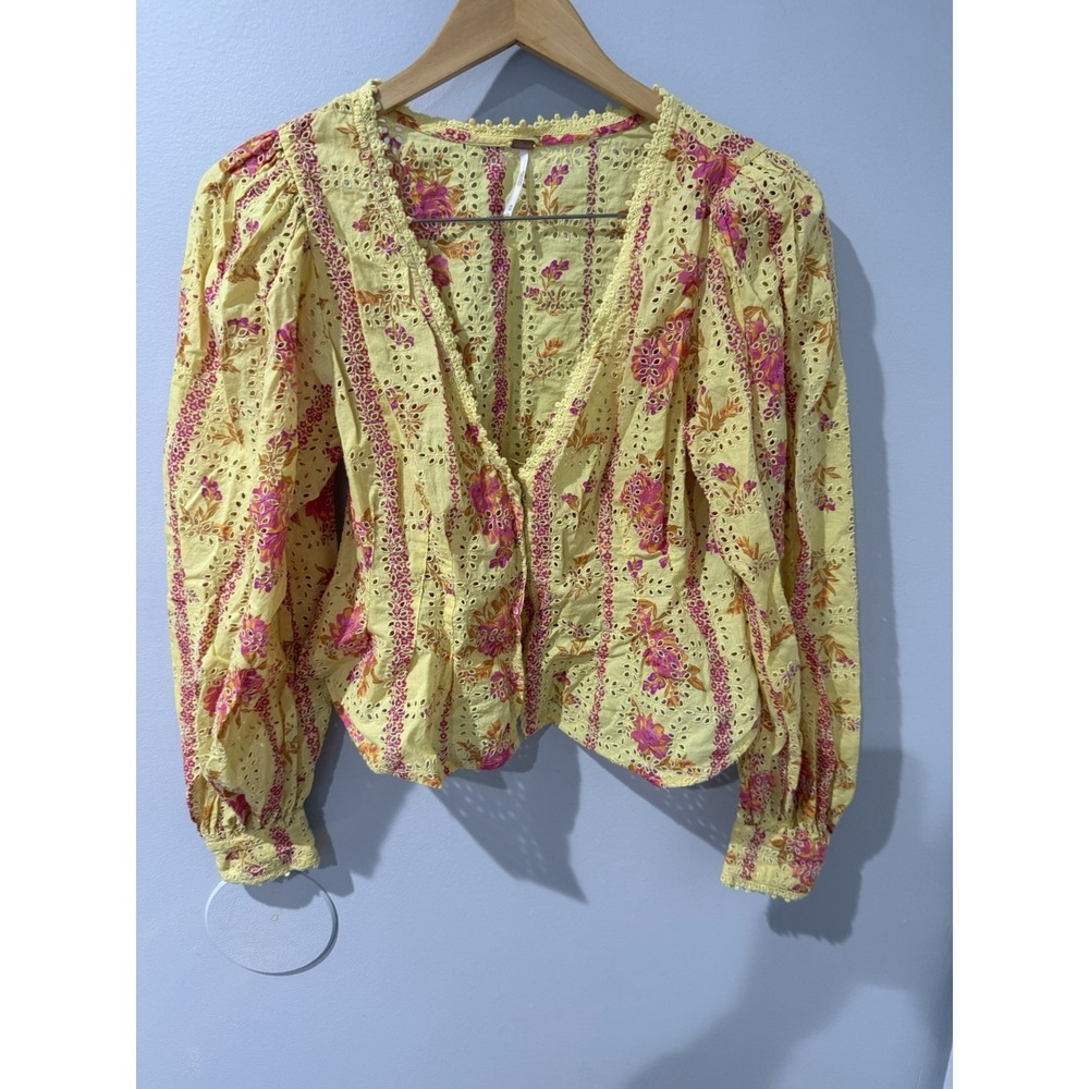 Free People Flower Fields Eyelet Top M Yellow Floral Puff Sleeve Boho Blouse 1